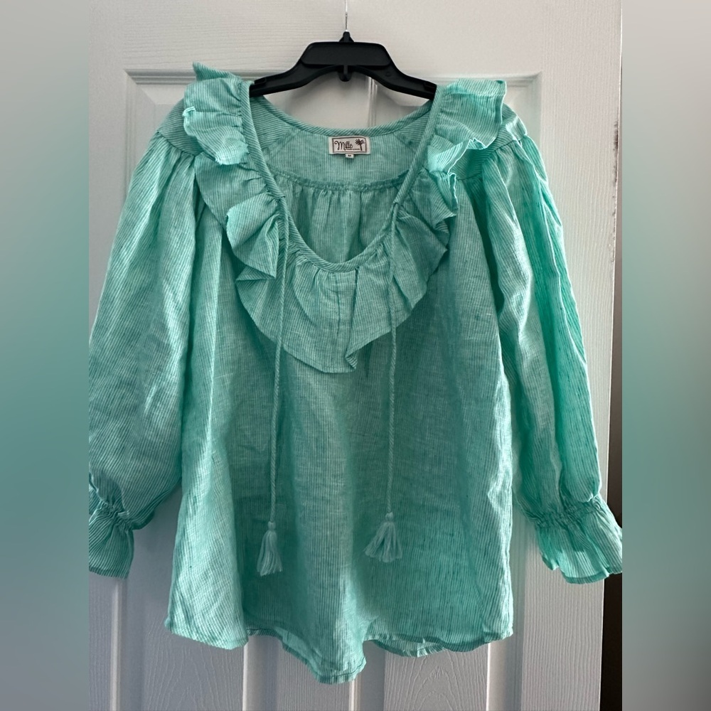 Mille Teal Ruffled linen Blouse NWOT